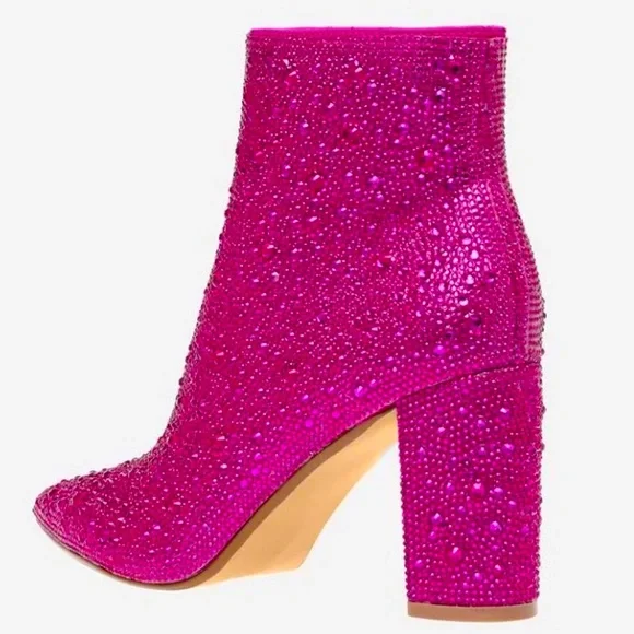 Size 10 Metallic Hot Pink Rhinestone Embellished Almond Toe Fashion Boots Bootie - Picture 3 of 6